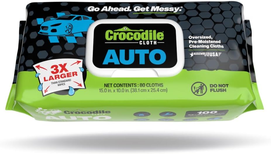51kXOg5ThmL._AC_SL1000_.jpg Crocodile Cloth Auto Cleaning Wipes – 100 XL (15" x 10") Disposable Wipes for Car Engine Degreasing, Body Detailing & Tire Cleaning – Cuts Grease, Oil, Adhesives on Hands, Tools, Parts & More - Image 1
