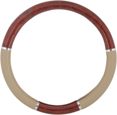 BDK Dark Wood Grain Car Steering Wheel Cover, Standard 15 inch with Beige Faux Leather Grip, Made to Fit Most Auto Truck Van SUV - Image 4