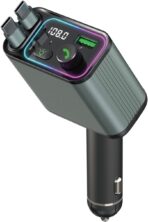 3 in 1 Retractable Car Charger Adapter & FM Transmitter Bluetooth Mp3 Player- Max 65W + 18W with 2 PD Fast Charging,2 Retractable Cables & USB-A Music Playback for iPhone,iPad,Samsung,Pixel