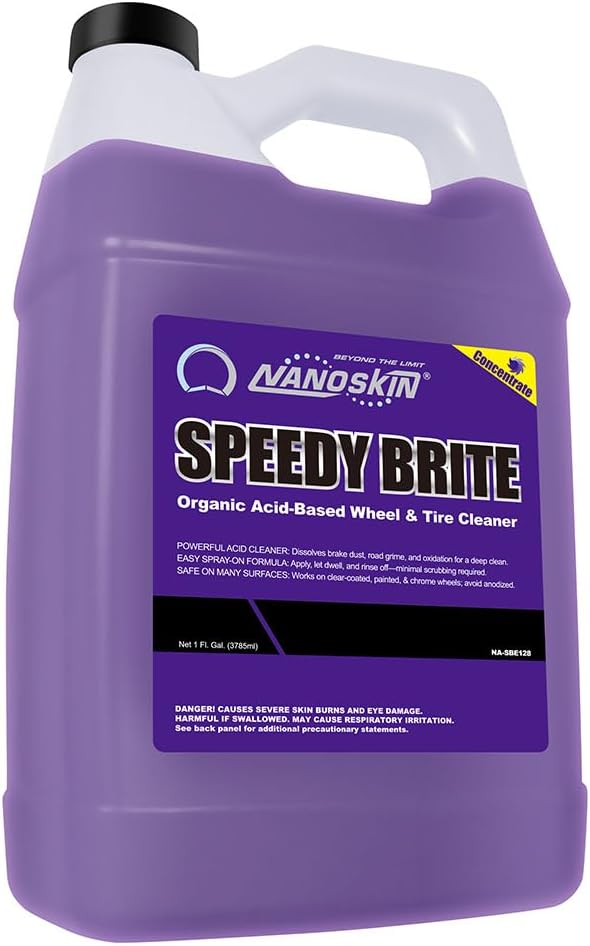 51wQoY8-LbL._AC_SL1000_.jpg Nanoskin SPEEDY BRITE Pro Grade Wheel & Tire Acid Cleaner, 1 gallon - Chrome & Coated Wheel Safe, Cleaning with Organic Acid | Removes Brake Dust & Road Grime for Auto Detailing, Body Shop Safe - Image 1