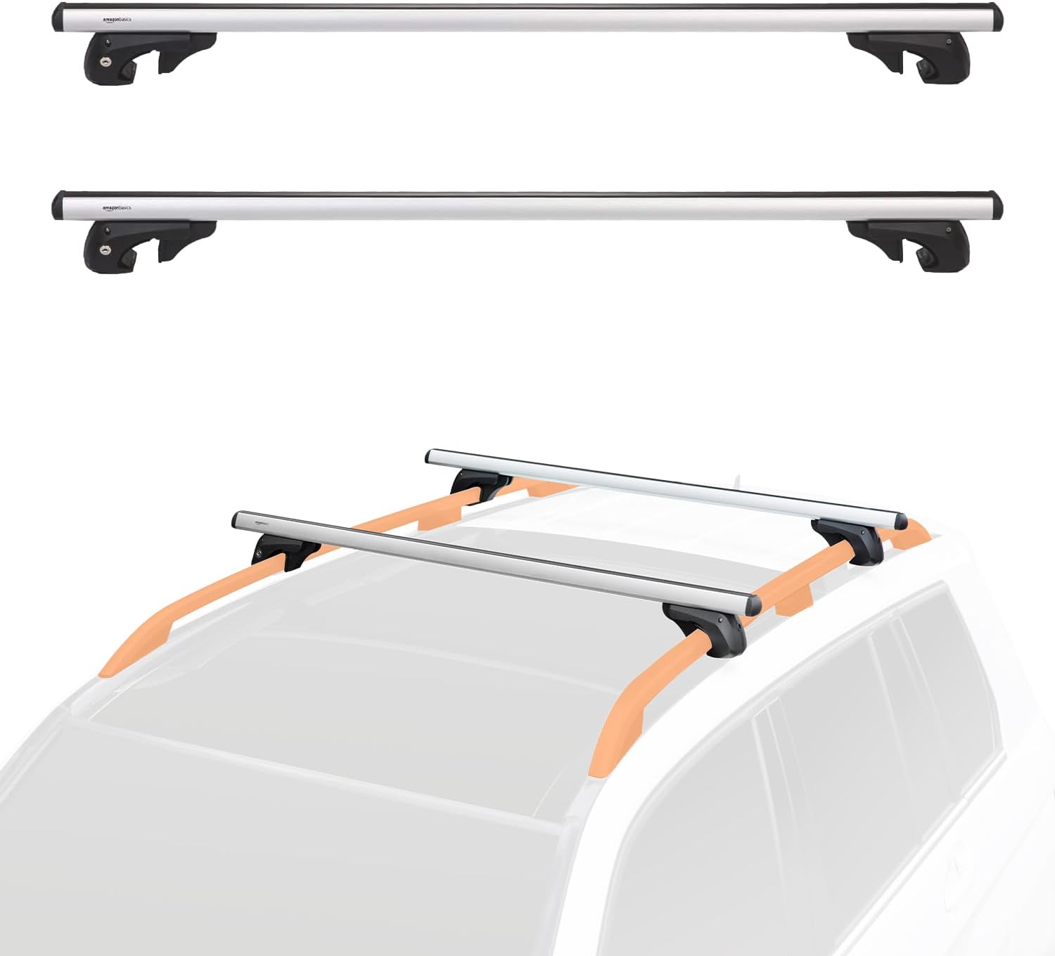 51yGmYUTTTL._AC_SL1500_.jpg Amazon Basics Cross Rail Roof Rack, 52 inches, Fits up to 46" Spans between Raised Side Rails with Gap, Pack of 2, Black/Silver - Image 1