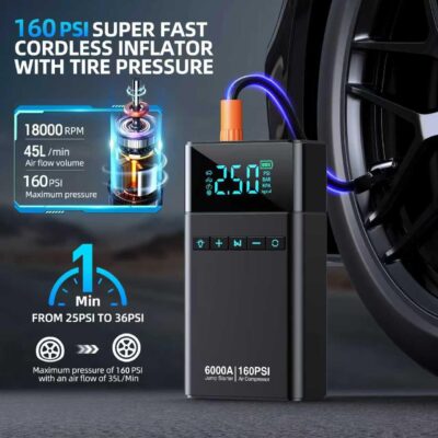 10-in-1 Portable Car Battery Jump Starter with Air Compressor, 6000A 160PSI Portable Car Jumper Starter (All Gas 12L Diesel), 12V Jump Box Car Battery Jump Starter with Jumper Cables, Lights - Image 3