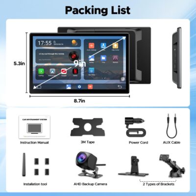 LAMTTO 9" Wireless CarPlay Screen with Net-Flix YouTube Apps Portable Car Play Screen for Apple Carplay and Android Auto with Backup Camera Navigation Bluetooth Voice Control AUX Siri - Image 9