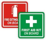 Set of 3 Pairs (6 Stickers) 3" Fire Extinguisher/First Aid Kit on Board Vinyl Decals/Stickers/Labels Pair