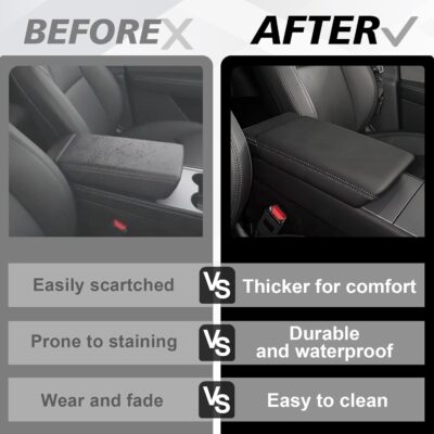 Muslogy Center Console Armrest Cover Fit for Tesla Model Y Juniper 2026+ / Model 3 Highland 2024+ Accessories, Comfort Armrest Pad Console Lid Cushion Vegan Leather Snap-On Black (Hard Cover) - Image 6