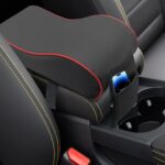 Car Armrest Cushion, Memory Foam Car Center Console Pillow Cushion with Phone Holder Storage Bag, Leather Arm Rest Pillow Cover, Universal Car Armrest Pad Accessories (Black/Red)