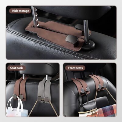 Suede Leather Car Seat Hook, 2026 New Car Seat Back Storage Hook, Car Purse Hook Seat Back Hanger Storage Organizer, With Double Metal Hooks, Car Seat Headrest Hooks for Purses Bag (2pcs - Black) - Image 2