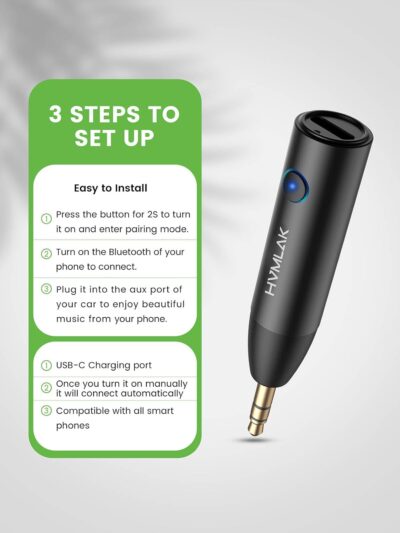 Bluetooth 5.4 Car Aux Adapter with Enhanced Microphone, 3.5mm Jack for Car Home Stereo, USB-C Charging, Sturdy Case, 1 Piece - Image 4
