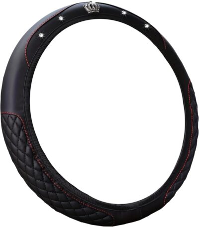 Bling Car Steering Wheel Cover, Diamond Leather Crystal Rhinestones Vehicles Steering Wheel Protector, Sparkling Anti-Slip Automotive Interior Decoration Accessories, Universal Fit (Black) - Image 7