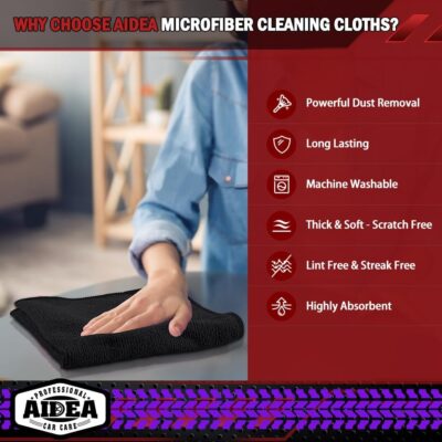 AIDEA Microfiber Cleaning Cloth Black 50PK, Microfiber Towels for Cars, Premium Car Cloths, Dusting Cloth Lint Free Cleaning Rags for SUVs, House, Kitchen, Window, Workshops,12×12" - Image 3