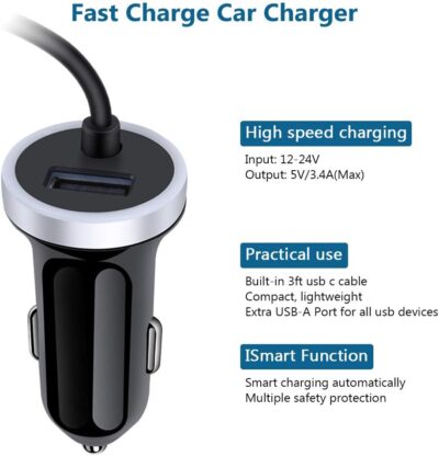 USB C Car Charger, 3.4A Fast Charging Car Adapter+3ft Type C Cable for Samsung Galaxy S26 S25 S24 S23 S22 S21 S20 S10 Note 20 A10E A20 A50 A51 A71,LG Stylo 6/5 G7 V60 ThinQ Moto G8 Google Pixel 4 3a - Image 3