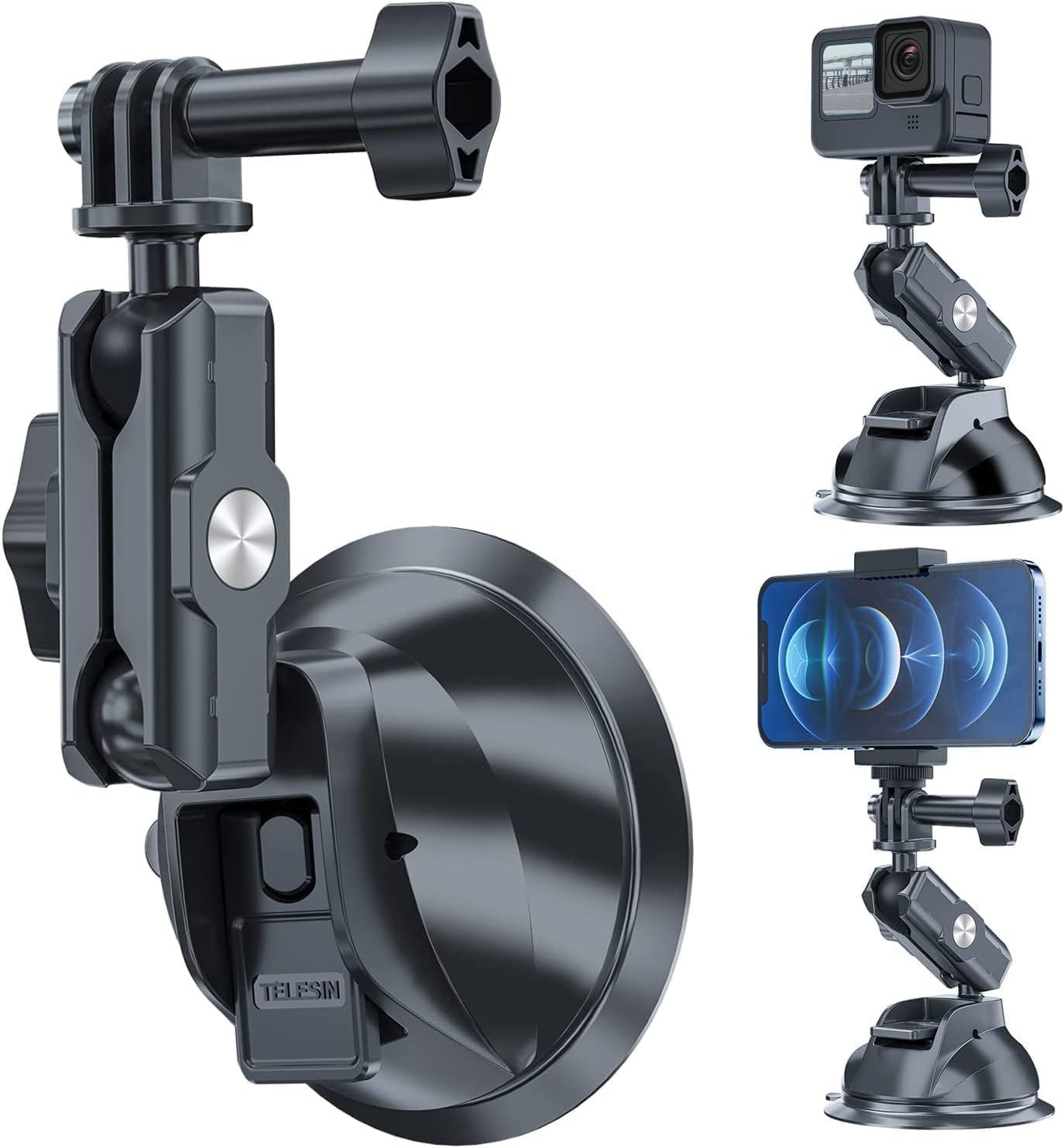 611VuzyTkYL._AC_SL1483_.jpg TELESIN Suction Cup Car Mount with Phone Holder, Windshield Window Dashboard Boats Vehicle Attach for DJI Action 6 5 Pro Action 4 3 GoPro Max Mini Hero 13 12 11 10 9 Insta360 X5 X4 X3 Ace Pro Pocket 3 - Image 1
