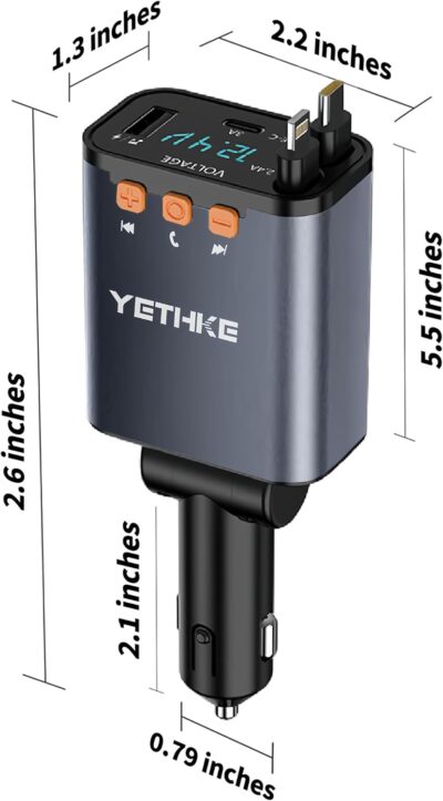 Bluetooth Car Adapter with Retractable Charger, FM Transmitter Bluetooth 5.4 for Cars, 4 in 1 Fast Car Phone Charger 69W, Handsfree Call, 2*Retractable Cable for iPhone 17/16/15/14, Galaxy-Black - Image 9