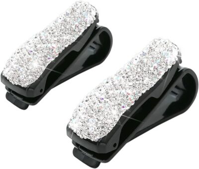 Moly Magnolia 2 PCS Glasses Holders for Car Sun Visor, Fashion Bling Crystal Rhinestones Car Eyeglasses Sunglasses Hanger Mount with Ticket Card Clip for Women Girls (Silver) - Image 7