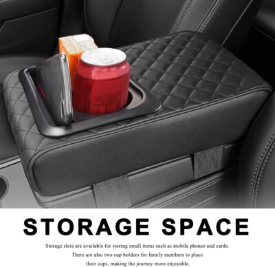 Car Center Console Armrest Pillow, 14"×8.3" Waterproof Leather Armrest Box Cover with Cup and Phone Holder, Soft Memory Foam Arm Rest Console Pad Protector for SUV Truck (Black, Embroidery) - Image 6