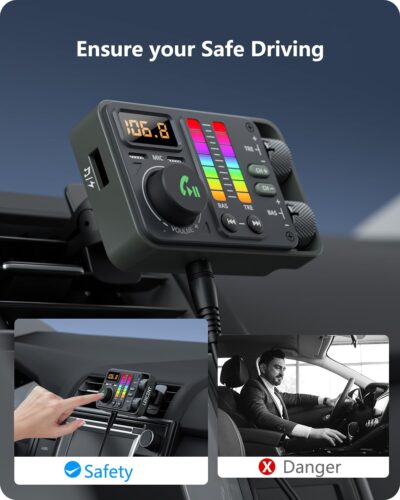 LENCENT Bluetooth Car Adapter, Bluetooth 5.3 FM Radio Transmitter with Hi-Fi Treble & Bass Music Player, PD20W and QC18W Fast Charger, Dual Mics for Hands-Free Call, Siri & Google, U Disk/3.5mm AUX - Image 3