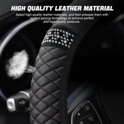 Bling Soft Leather Steering Wheel Cover, 15 Inch Colorful Rhinestones Auto Elastic Steering Wheel Protector, Sparkly Crystal Diamond for Women Girls, Car Accessories for Most Cars (Black) - Image 3