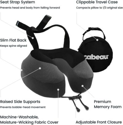 Cabeau Evolution S3 Travel Pillow - Memory Foam Neck Pillow for Airplane and Long Flights with Seat Straps for Head and Neck Support, 360 Degree Support (Steel Grey) - Image 3