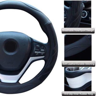 Alusbell Breathable Auto Car Steering Wheel Cover for Men and Women Microfiber Leather 15 Inches Black - Image 3