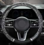 Peach Wood Grain Steering Wheel Cover Anti-Slip Breathable Durable Leather Four Seasons Universal 15 Inch Car Wrap Cover (Leopard-Gray) - Image 2