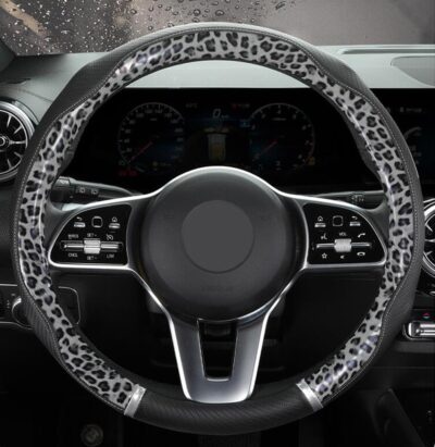 Peach Wood Grain Steering Wheel Cover Anti-Slip Breathable Durable Leather Four Seasons Universal 15 Inch Car Wrap Cover (Leopard-Gray) - Image 2