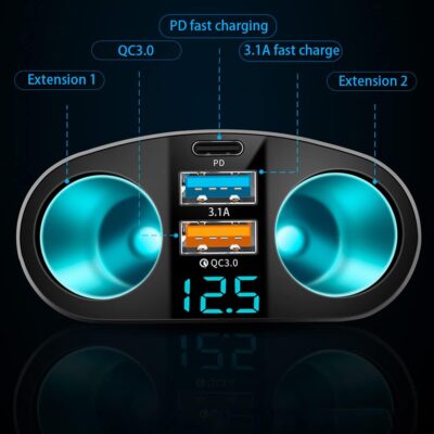 Car Cigarette Lighter Splitter, 2-Socket Cigarette Lighter Adapter with LED Voltmeter, Dual USB QC3.0 Type-C 20W PD Fast Car Charger, 12V/24V Splitter Adapter for Smart Phone GPS Dash Cam - Image 5