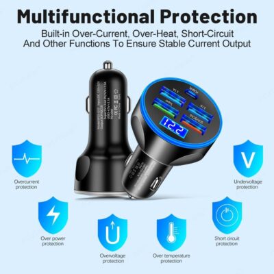 5-in-1 Multi-Port USB C Car Phone Charger with Voltage Display, 250W Super Fast Charge Cigarette Lighter USB Charger for iPhone/Android/Samsung/iPad Pro and More (Black) - Image 3