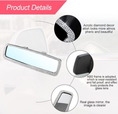 Bling Car Rear View Mirror, Rhinestones Crystal Clip-on Rearview Mirror with HD Glass, Compatible with Most Cars, SUVs, Vehicles, Auto Interior Accessories for Women Girl (White) - Image 3