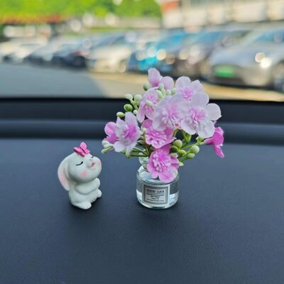 Generic Set of 2 Cute Mini Bunny and Peach Blossom in Flower Vase Car Rearview Mirror Ornaments Funny Dashboard Decorations Kawaii Car Interior Accessories for Women Gifts - Image 6