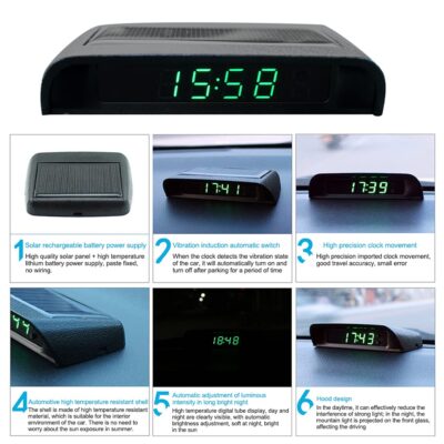 Car Auto Digital Dashboard Clock Small Clocks Solar Powered Stick-On Luminous Time Clock with Temperature LCD Screen Display for Car Interior(Green) - Image 5