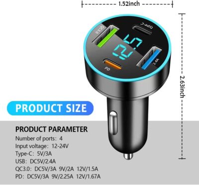 4 Ports Fast Car Charger,[Upgrade Voltmeter Display] PD+QC3.0+USB C Car Charger for 12-24V Cigarette Lighter Plug,Car Phone Charger Compatible with iPhone/Android/Samsung/iPad (QC3.0+Type-C+PD+2.4A) - Image 2