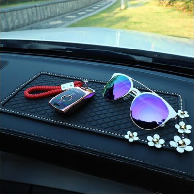 Bling Daisy Car Dashboard Anti-Slip Mat, Rhinestone Auto Dash Phone Hold Sticky Pad, 10.4'' × 5.9'' Vehicle Strong Gripping Mat for Keychain, Sun Glass and Electronic Device (Diamond/Daisy) - Image 6