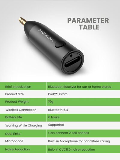 Bluetooth 5.4 Car Aux Adapter with Enhanced Microphone, 3.5mm Jack for Car Home Stereo, USB-C Charging, Sturdy Case, 1 Piece - Image 6