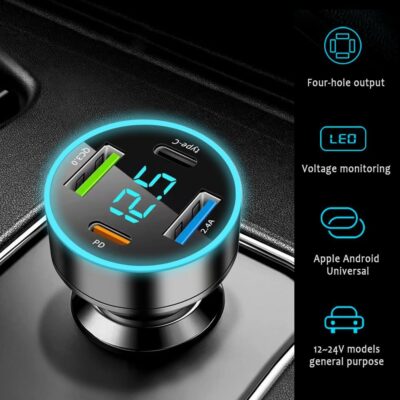 4 Ports Fast Car Charger,[Upgrade Voltmeter Display] PD+QC3.0+USB C Car Charger for 12-24V Cigarette Lighter Plug,Car Phone Charger Compatible with iPhone/Android/Samsung/iPad (QC3.0+Type-C+PD+2.4A) - Image 5