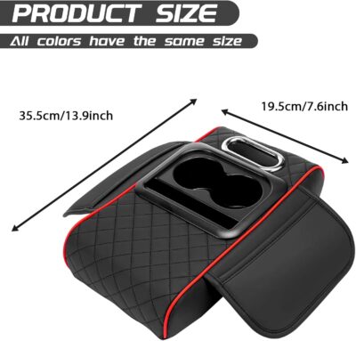 Car Armrest Cushion, 5 in 1 Center Console Cover with 2 Cup Holders, Phone Holder, Tissue Holder, Storage Bag, Multifunctional Leather Heightened Car Armrest Cushion for Most Cars - Image 2