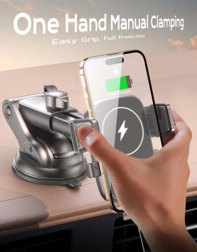 Wireless Car Charger, [15W Fast Charging] Car Phone Mount with Upgrade Suction, Car Phone Holder Charger for Dashboard Windshield Compatible with iPhone 16/15/14 Pro Max, Galaxy S25/S24 Grey - Image 3