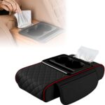 Multifunctional Car Armrest Cushion with Integrated Booster, 2026 Upgraded Universal Style Memory Cotton Car Armrest Box Pad, Car Center Console Armrest Pillow, with 2 Cup Holder (Black Red)