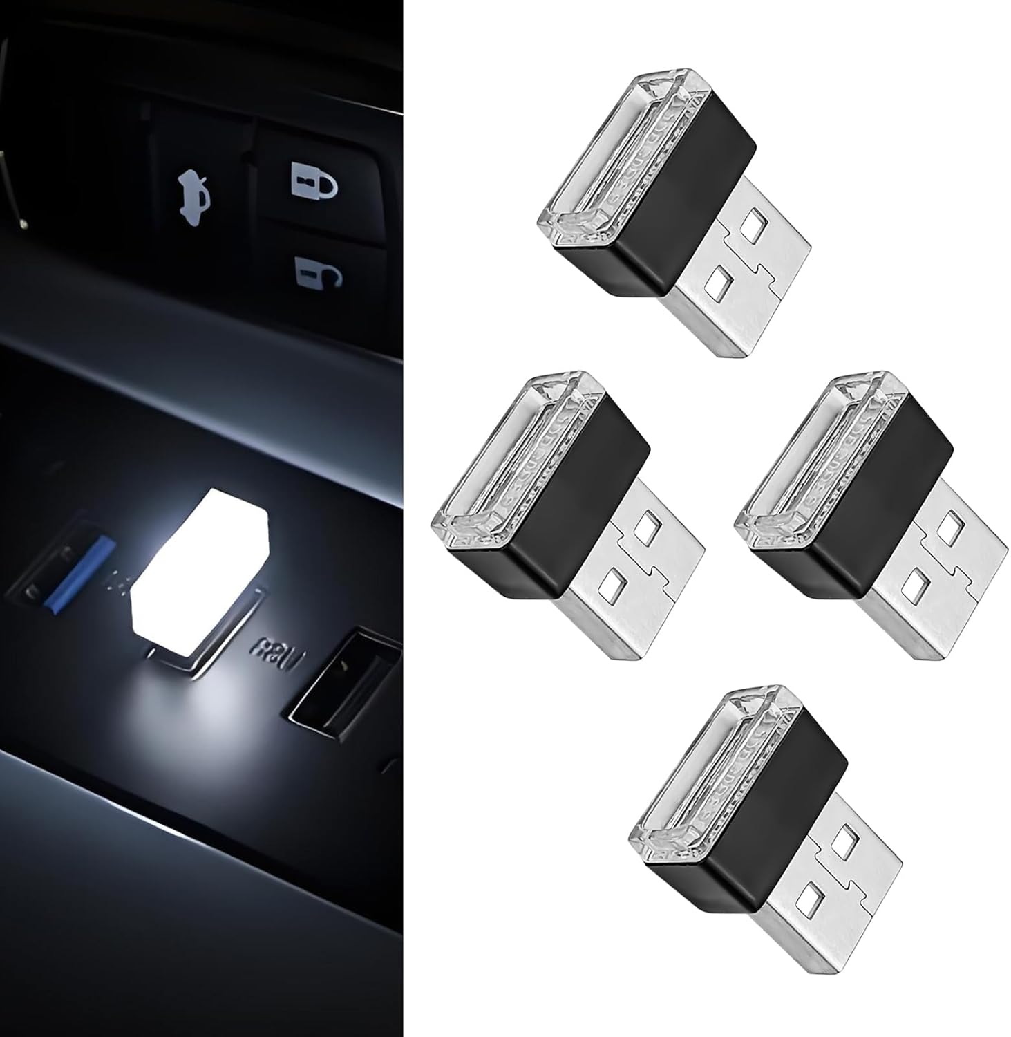 617PAVGEeL._AC_SL1500_.jpg 4 PCS USB LED Car Interior Ambient Lighting Kit, Portable Plug-in Atmosphere Lamp Decor Night Light, Universal Vehicle Interior Accessories for Most Cars (White) - Image 1