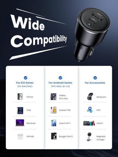 UGREEN 63W USB C Car Charger Adapter, PPS 45W Super Fast Charging 2.0 Type C Car Charger Cargador para Carro, Dual USB C for iPhone 17/16/15/14/13/12, Galaxy S24/S23/S22/Series, iPad, MacBook - Image 7