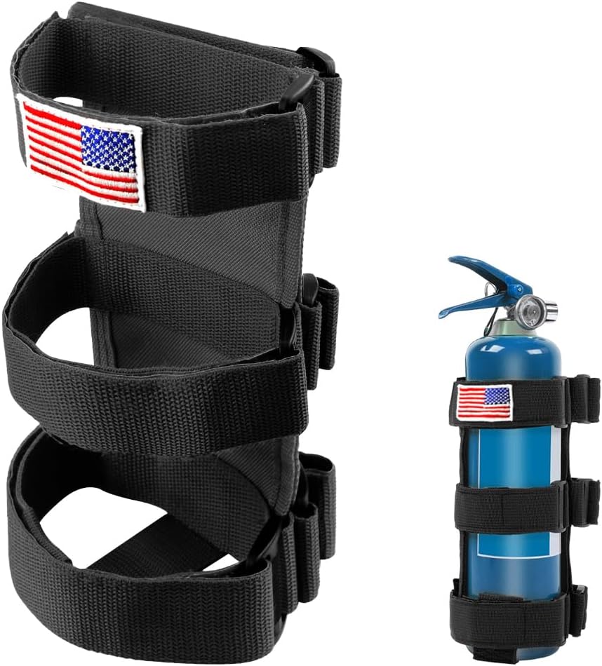 618MBC5IRUL._AC_SL1200_.jpg Fire Extinguisher Holder, Roll Bar Adjustable Extinguisher Strap Brackets with USA Flag Pattern, Secure Fire Extinguishers Mount Replacement for Wrangler CJ JK JKU TJ JL JLU (Black) - Image 1