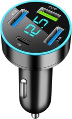 Car Charger Adapter, 4-Port Cigarette Lighter USB Charger Adapter with Voltmeter PD 3.0 & QC 3.0 Car USB Charger Multi Port Accessories Fast Charging for iPhone, Samsung, iPad & Phone Tablets