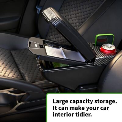 Armrest Box Double Layer Front Center Console Black PU Leather, Universal Car Armrest Box, Central Storage Organizer Box Black, USB Ports for Universal Car - Image 5