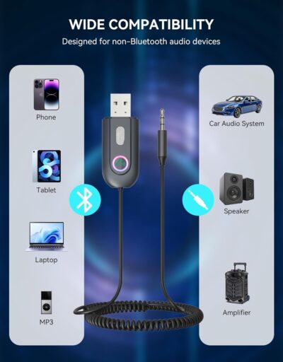 [Upgraded] AUX to Bluetooth 5.3 Adapter for Car, Bluetooth Receiver USB 2.0 to 3.5mm Jack Kit for Car Audio/Home Stereo/Speaker, Hands-Free Calling/Music Streaming, Auto On, USB-Powered - Image 6