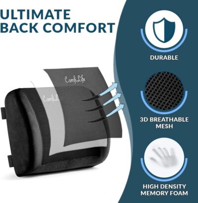 ComfiLife Lumbar Support Back Pillow Office Chair and Car Seat Cushion - Memory Foam with Adjustable Strap and Breathable 3D Mesh (Black) - Image 2