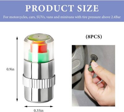 8 PCS Tire Pressure Monitor Valve Stem Caps, 2.4Bar 36 PSI Tire Pressure Sensor Indicator, 3 Color Eye Alert Pressure Monitoring Valve Stem Cover for Cars Trucks SUVs (Silver) - Image 2