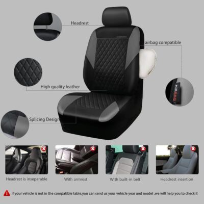 CAR PASS Quilting Leather Seat Covers Full Set,Universal Waterproof Deluxe PU Premium Car Seat Cover with 5mm Composite Sponge Inside,Airbag Compatible,Front and Rear Seat Cover for Sedan SUV Van,Gray - Image 4