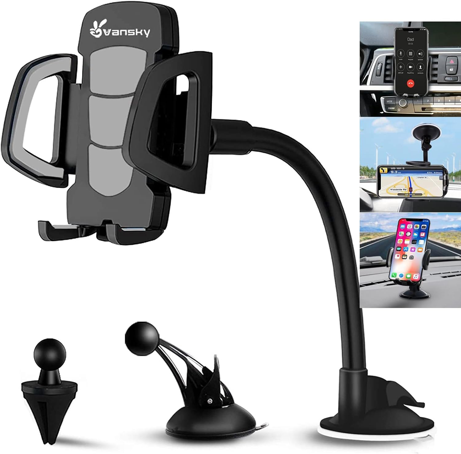 61CGWuOTsNL._AC_SL1500_.jpg Vansky Car Phone Holder Mount, 3-in-1 Universal Cell Phone Holder Car Air Vent Holder Dashboard Mount Windshield Mount Fit for iPhone 17 16 15 14 13 Pro Max, Samsung S24 S23 LG Sony and More - Image 1