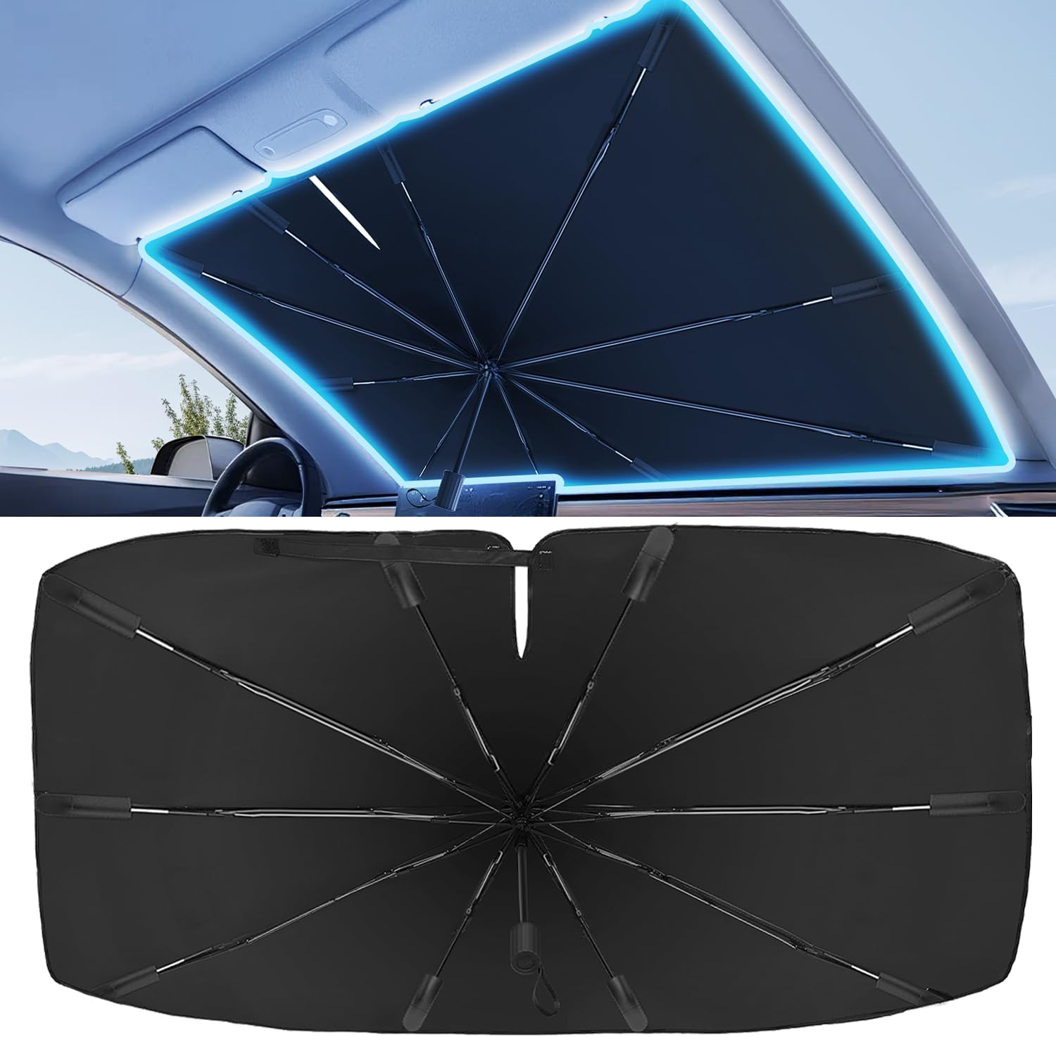 61Cw0zOwAWL._AC_SL1500_.jpg 2025 Windshield Sun Shade Frame with Thickened Fast Cooling, Emergency Window Breaker, 99% UV Blocking Protects Car from Sun and Heat Damage, Adjustable Bendable Design for SUV/Sedan/(57" L x 32" W) - Image 1