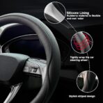 Leather Steering Wheel Cover， with Anti-Slip Stripe Design - Enhanced Grip, Fashion Style, Safe, Non-Slip, Breathable. Upgrade car Interior，Black - Image 4