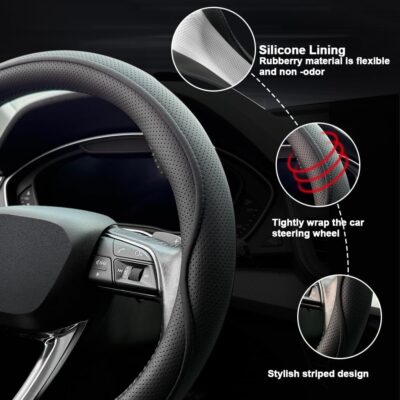 Leather Steering Wheel Cover， with Anti-Slip Stripe Design - Enhanced Grip, Fashion Style, Safe, Non-Slip, Breathable. Upgrade car Interior，Black - Image 4